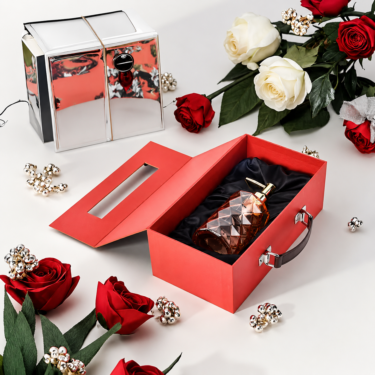 Red luxury perfume gift box with handle, window lid, and black satin interior