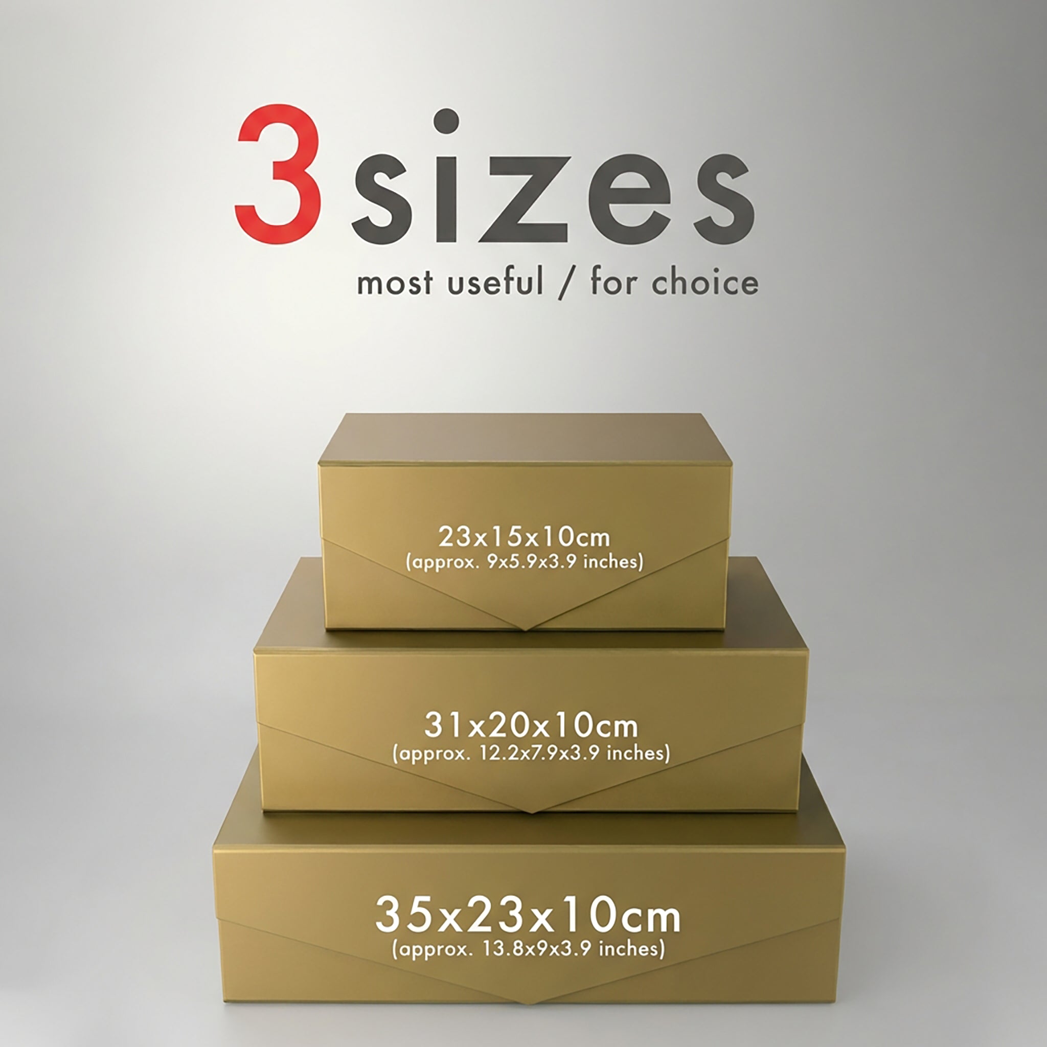 Gold magnetic folding gift boxes in a three-size comparison