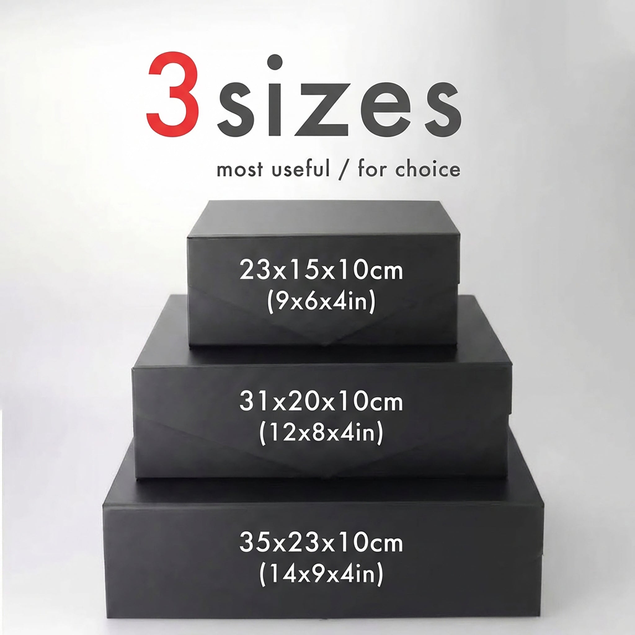Black magnetic folding gift boxes in a three-size comparison