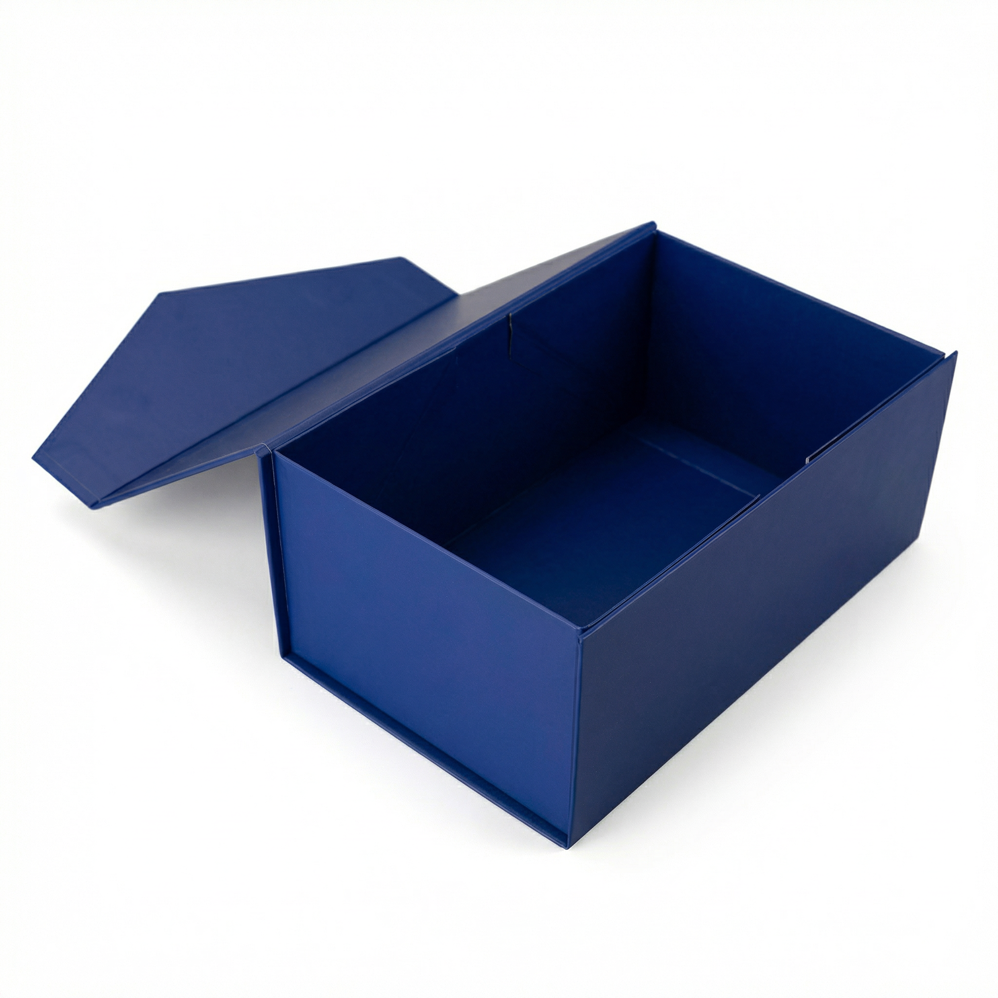 Navy magnetic folding gift box shown open