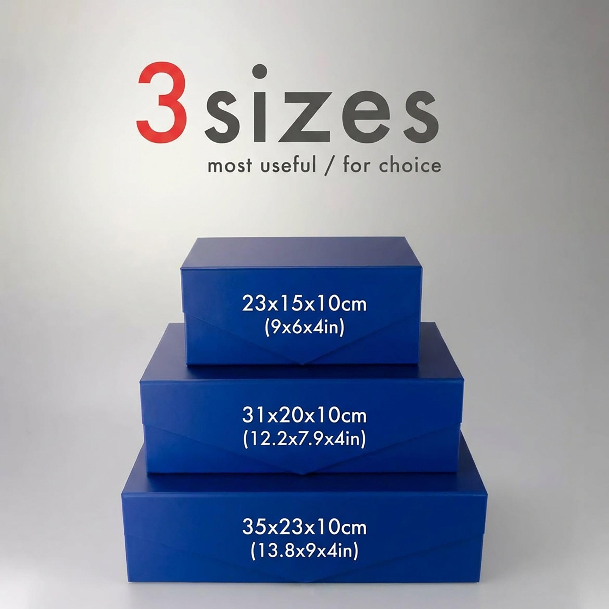 Blue magnetic folding gift boxes in a three-size comparison