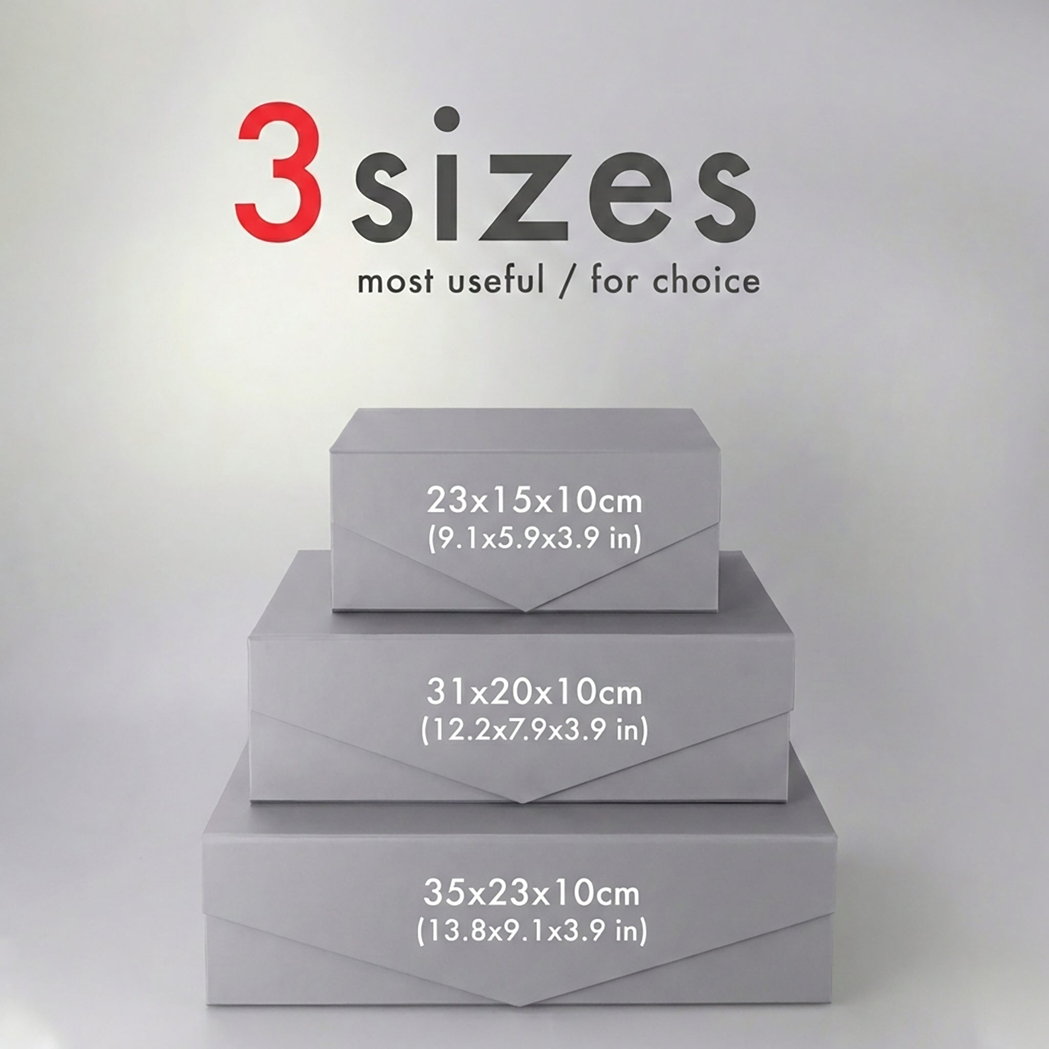 Gray magnetic folding gift boxes in a three-size comparison