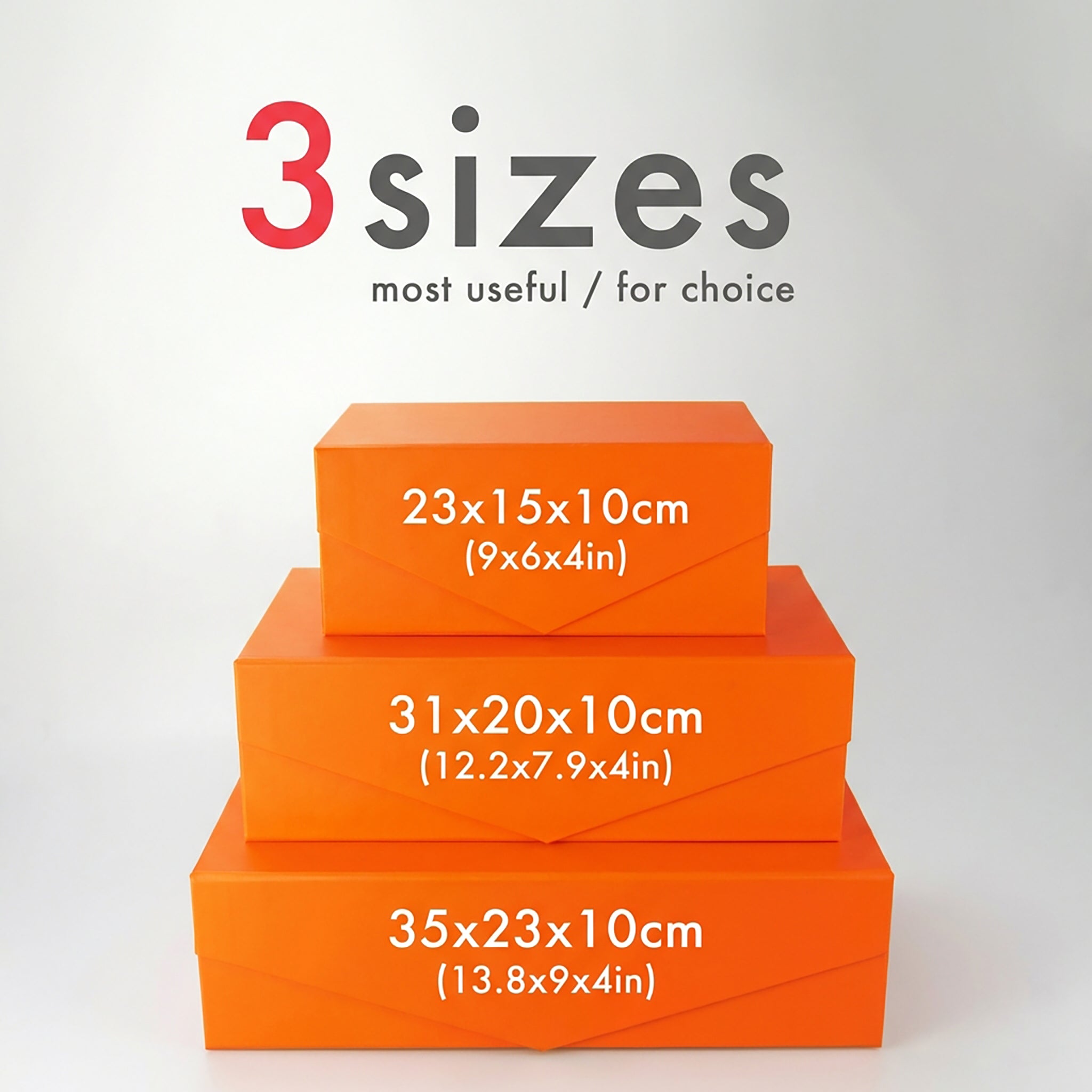 Orange magnetic folding gift boxes in a three-size comparison