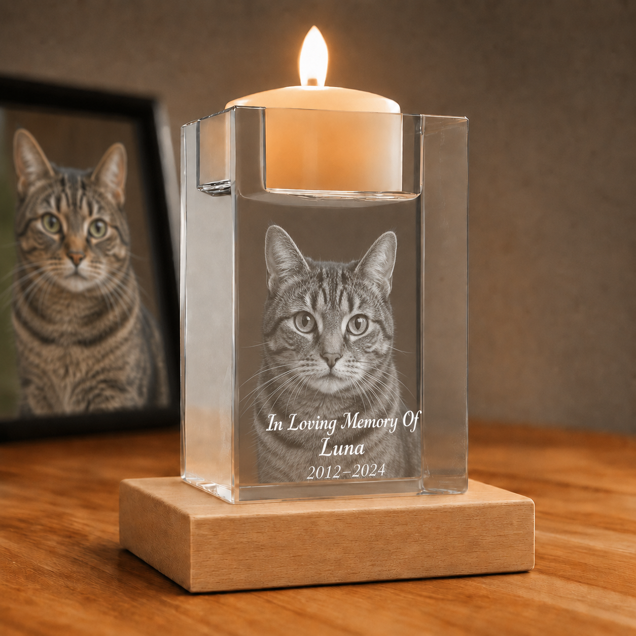 Memorial candle holder 3D crystal photo gift for cat remembrance