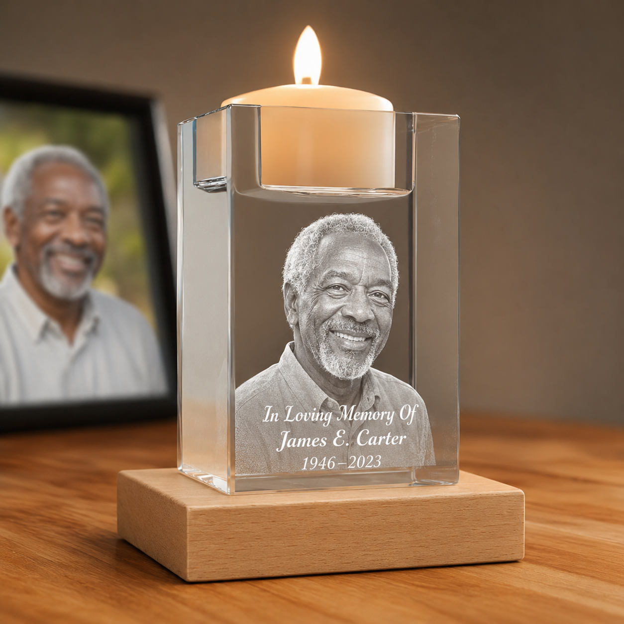Memorial candle holder 3D crystal photo gift for grandfather memory