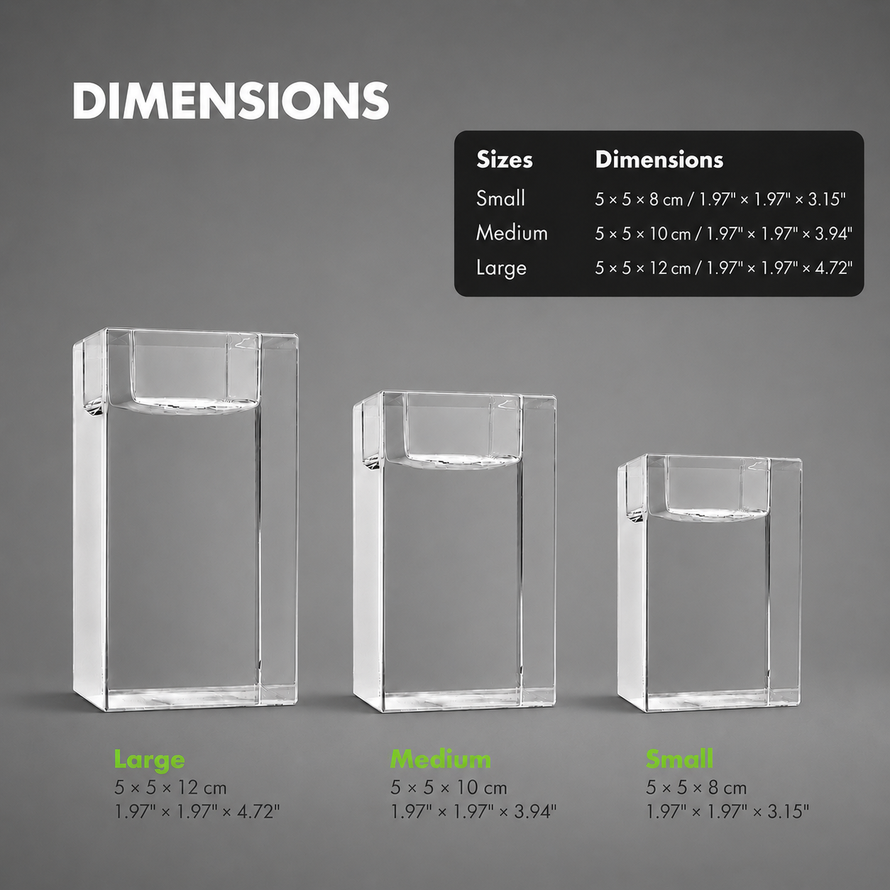 Memorial candle holder 3D crystal photo gift size chart and dimensions