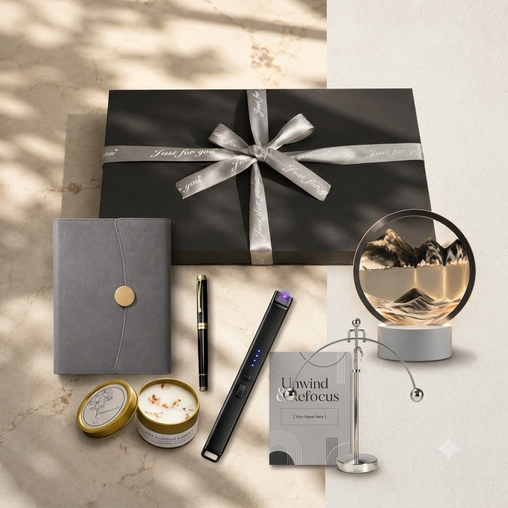 Premium luxury gift set featuring a monochrome 3D moving sand art LED lamp, a gold tin scented candle, a matte black electronic pulse arc lighter, an executive gel pen, and a customizable gray card, arranged elegantly in front of a closed matte gray gift box with a silver ribbon on a modern desk.
