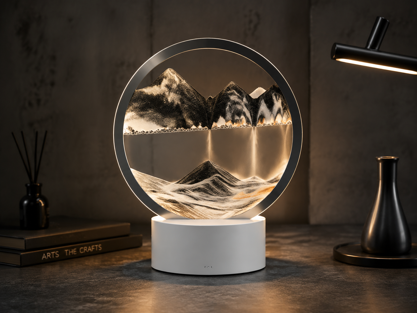Minimalist monochrome black and white moving sand art liquid motion hourglass for modern office decoration.