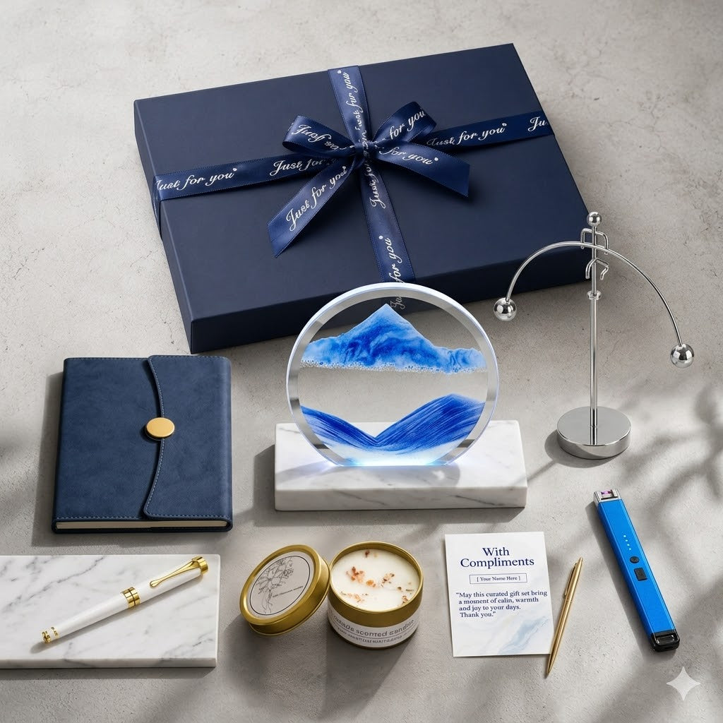 The Ocean-Minded Executive navy blue luxury gift box with moving sand art LED lamp and premium accessories
