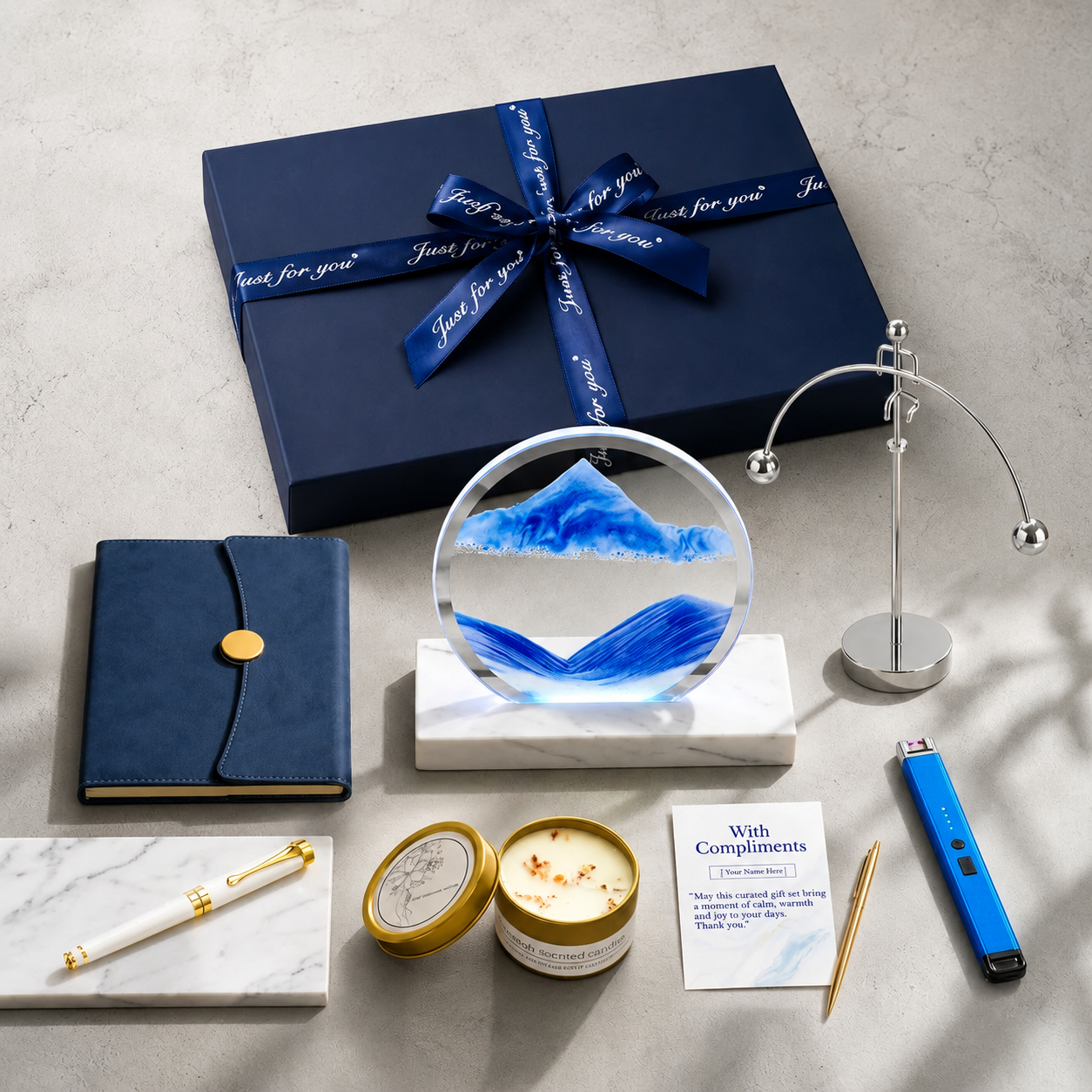 Ocean-minded executive luxury gift box - coastal blue sand art gift set for professional men with premium packaging