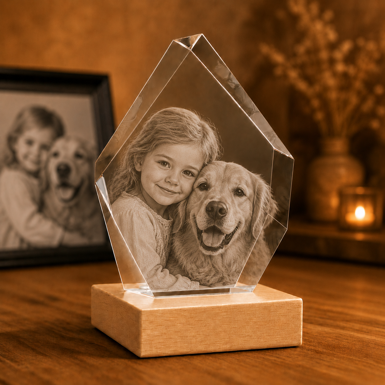 Peak-shaped 3D crystal photo gift for child and dog memory
