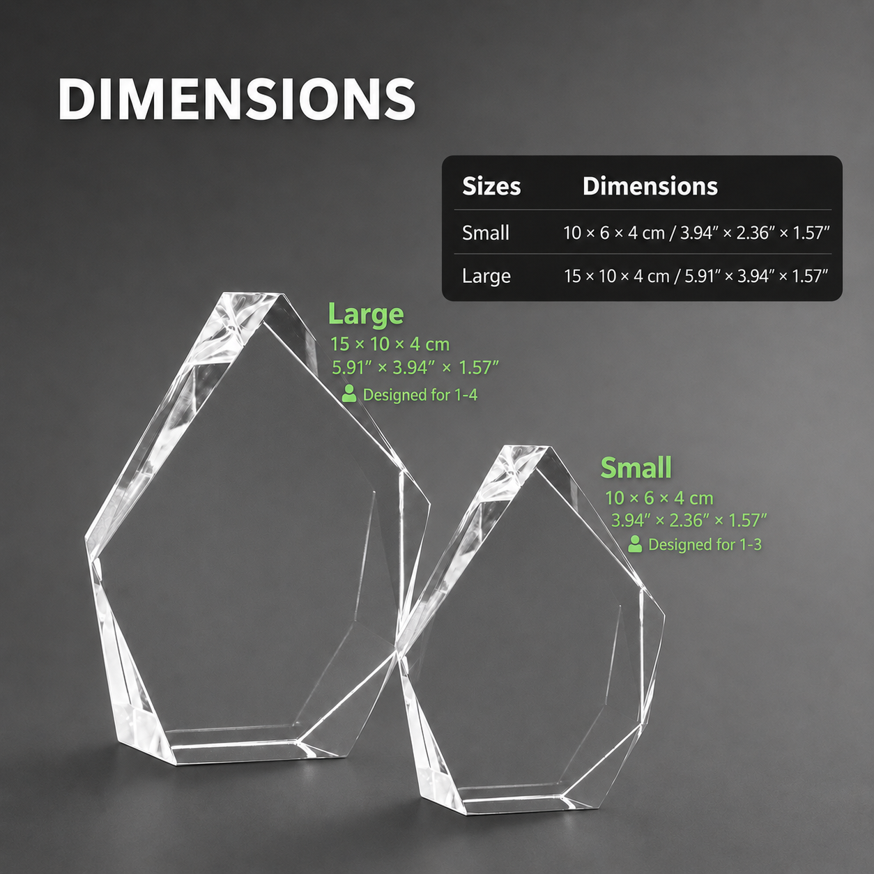 Peak-shaped 3D crystal photo gift size chart and dimensions