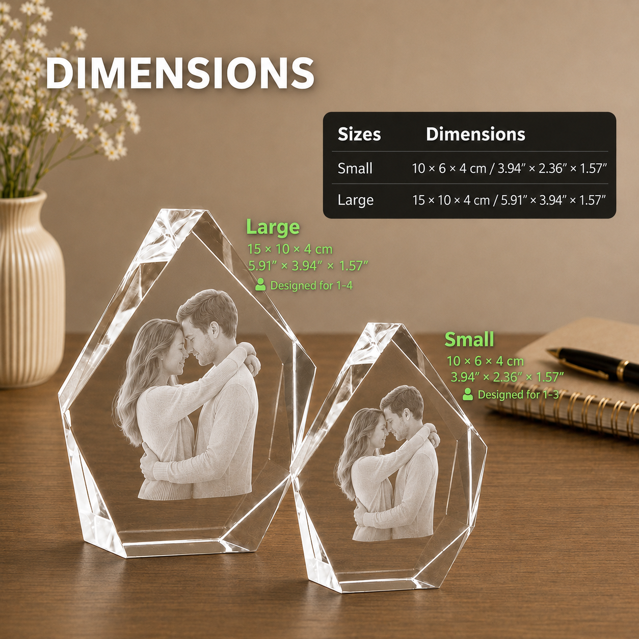 3D crystal peak size chart showing small and large dimensions for personalized pet memorial gifts