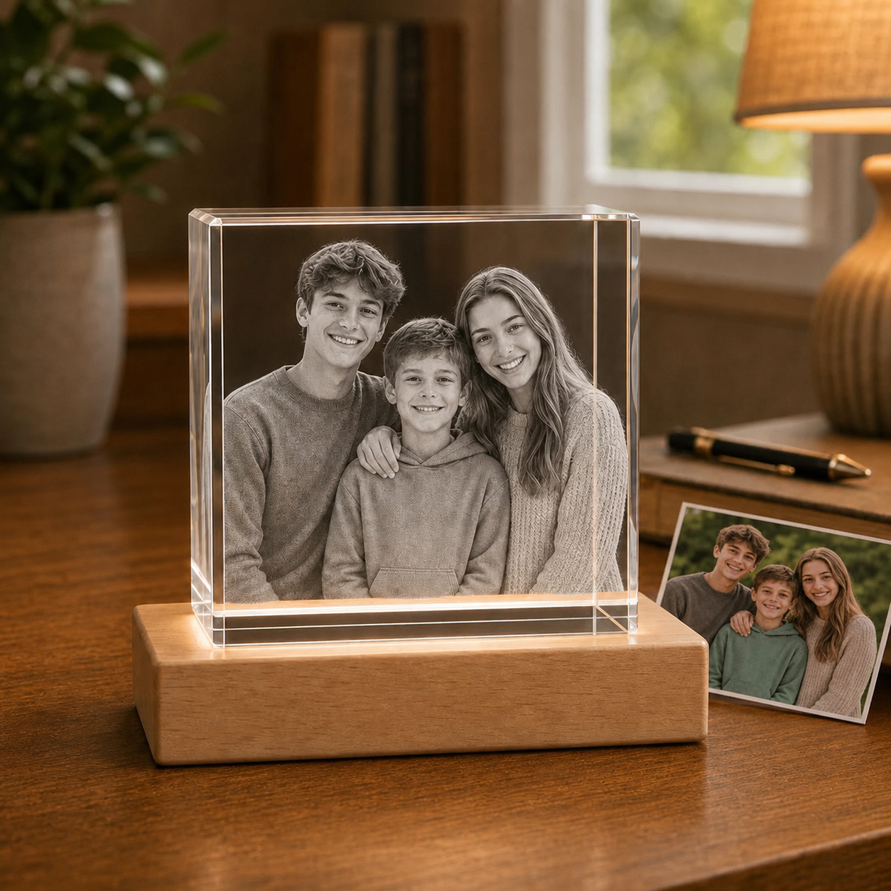 Personalized 3D crystal family photo gift cube with siblings portrait laser engraved inside crystal
