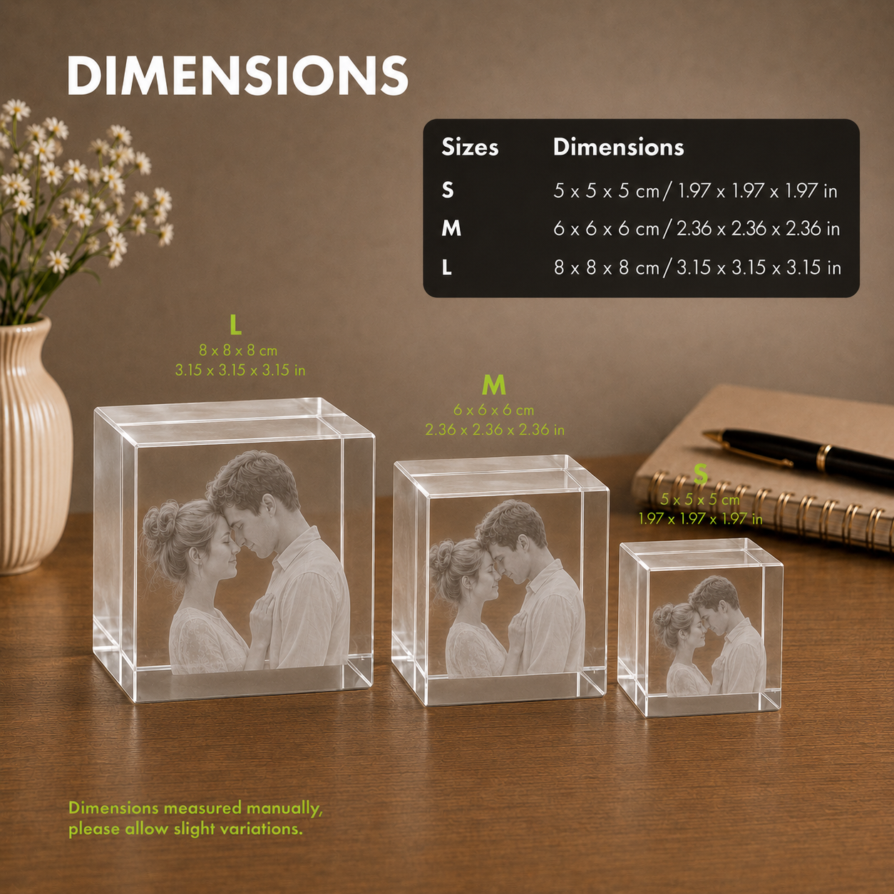 3D crystal cube size chart showing small medium and large dimensions for personalized family photo gifts
