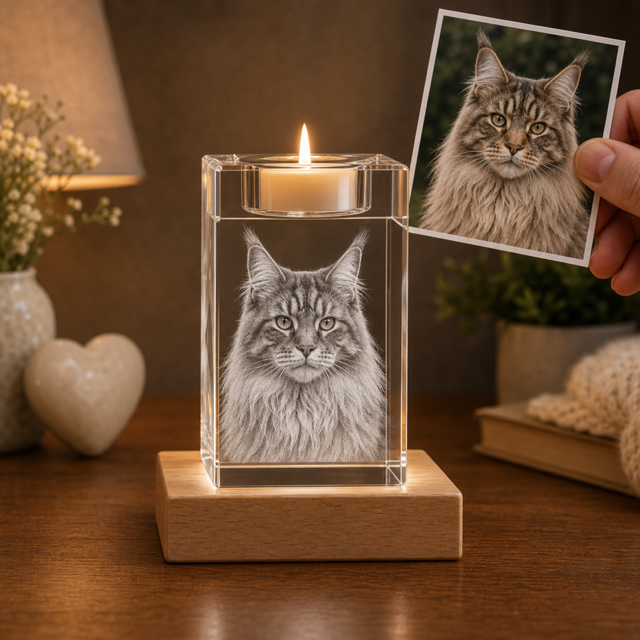 Personalized 3D crystal pet memorial candle holder with Maine Coon cat source photo and inner engraving