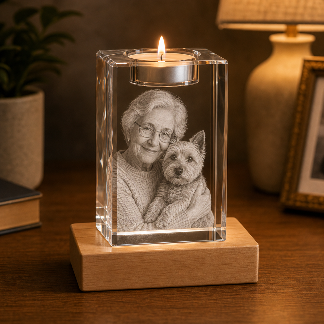 Personalized 3D crystal pet memorial candle holder with owner and terrier photo engraved inside crystal