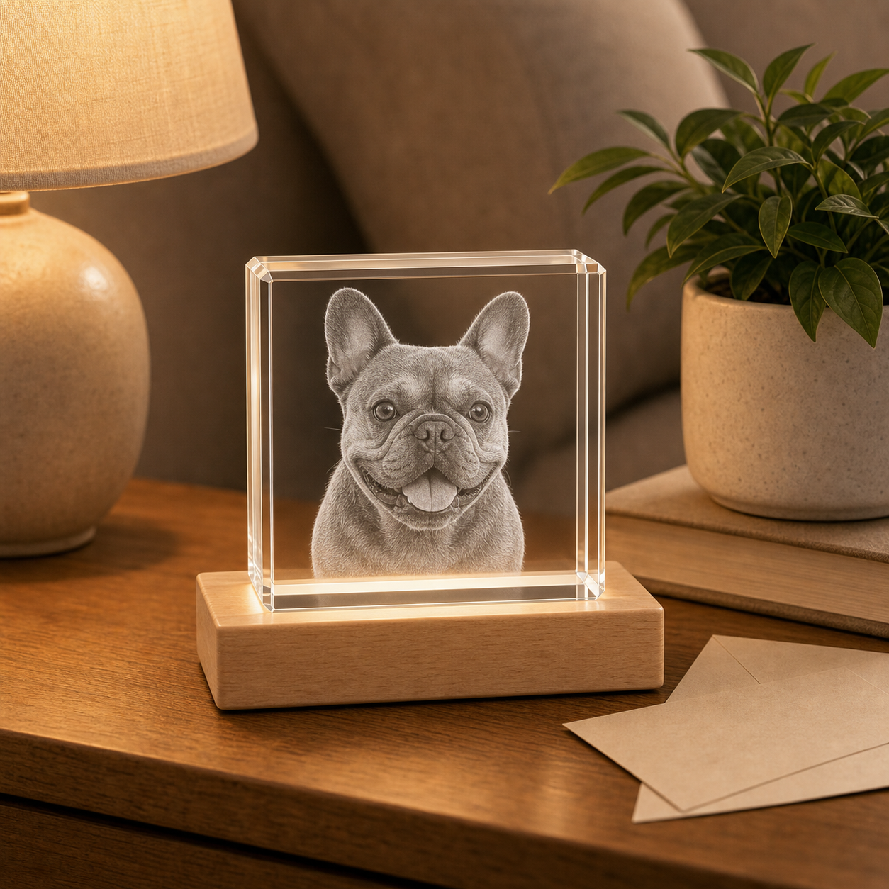 Personalized crystal cube pet memorial gift with French bulldog engraving displayed on a warm home table