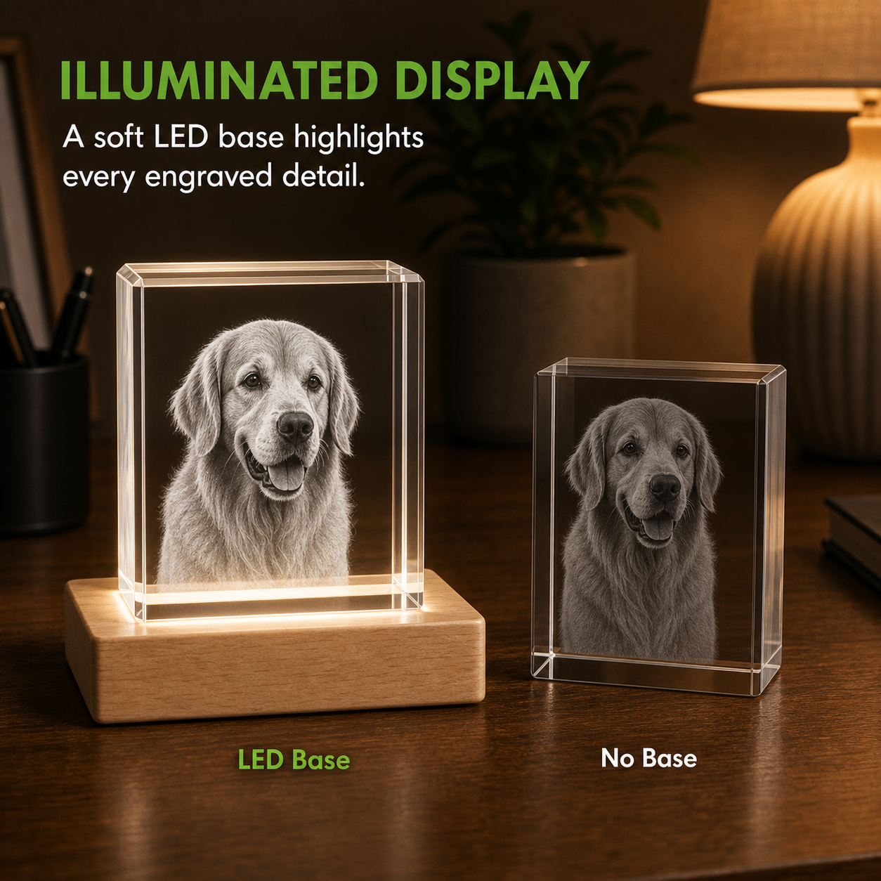 Illuminated LED base comparison for personalized 3D crystal pet memorial cube showing brighter engraving detail