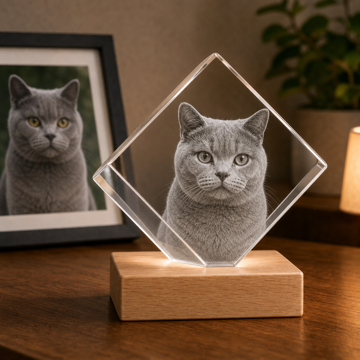 Personalized 3D crystal pet memorial diamond with British Shorthair cat laser inner engraving and matching photo