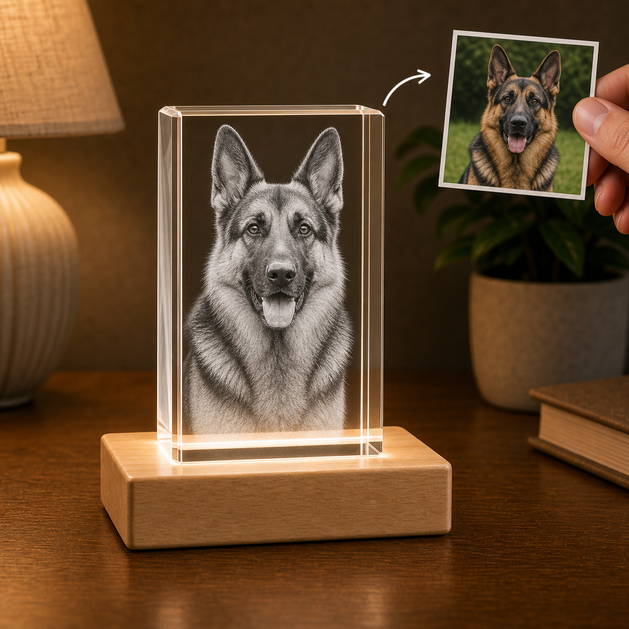 Personalized 3D crystal pet memorial rectangle with German shepherd photo transformed into laser inner engraving