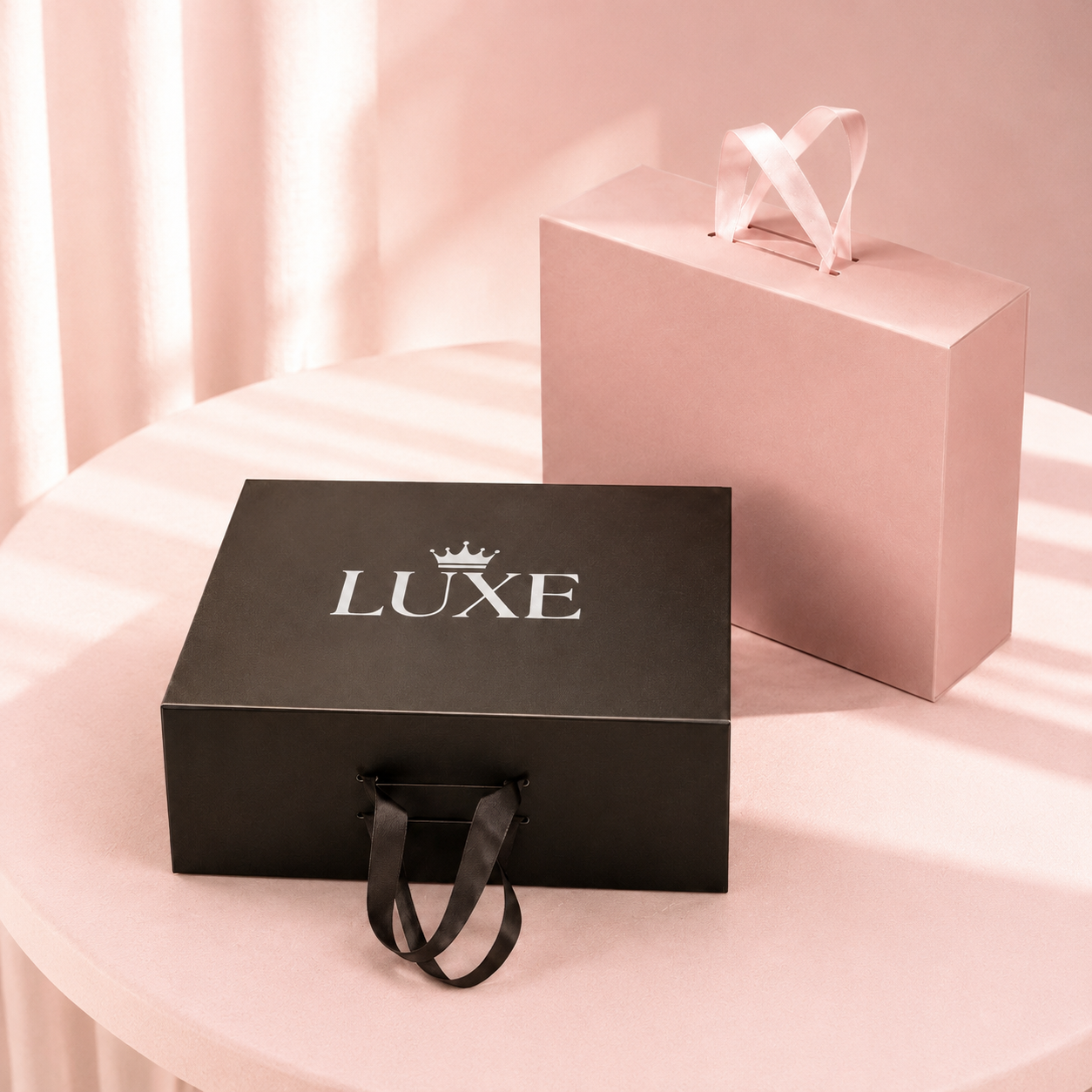 Pink and black handled gift boxes with custom sample logos