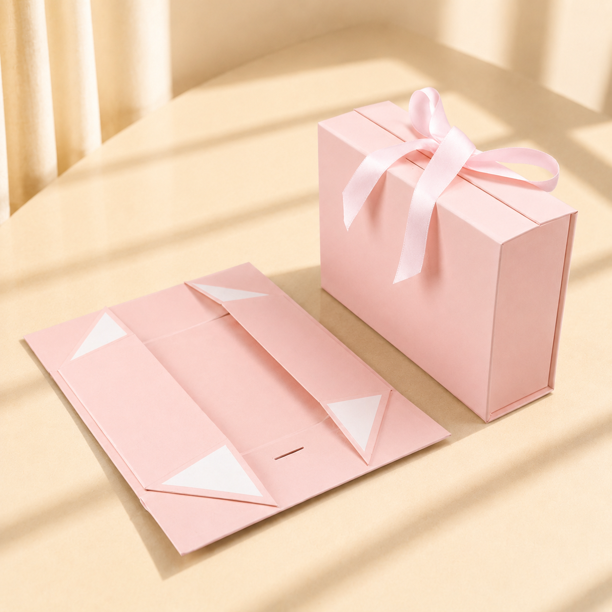 Pink handled collapsible gift box shown assembled and flat
