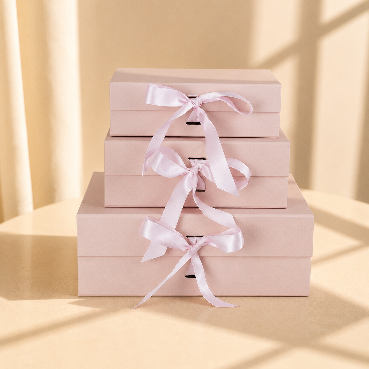 Stacked pink magnetic gift boxes with white ribbon closures