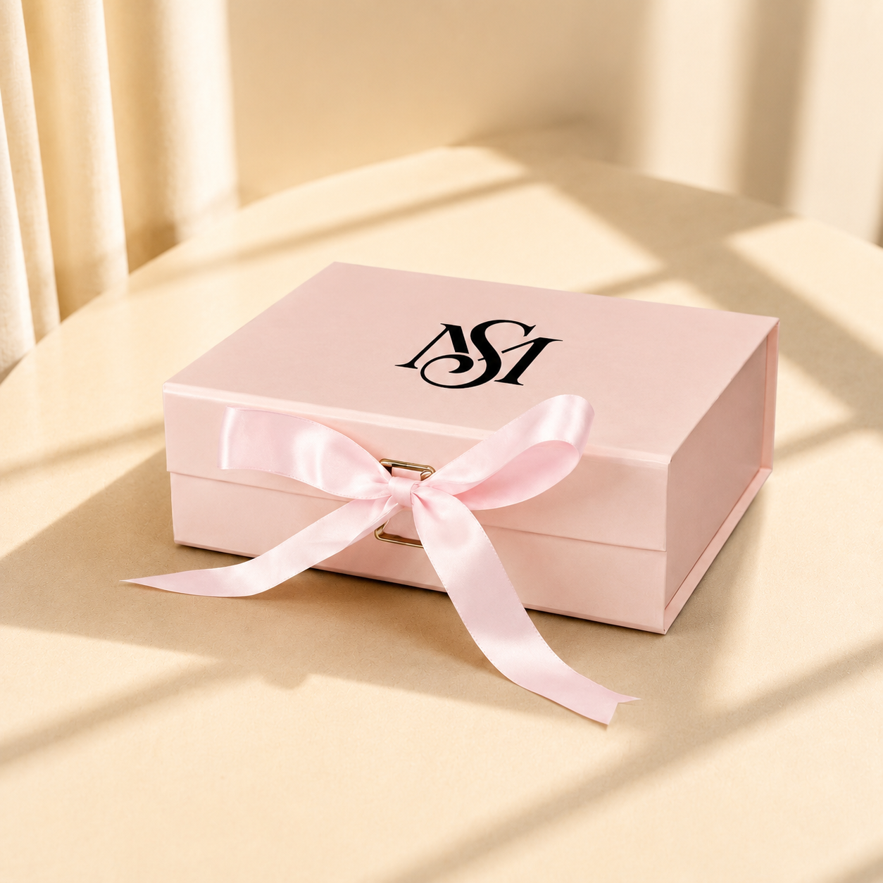 Custom logo pink magnetic gift box with satin ribbon closure