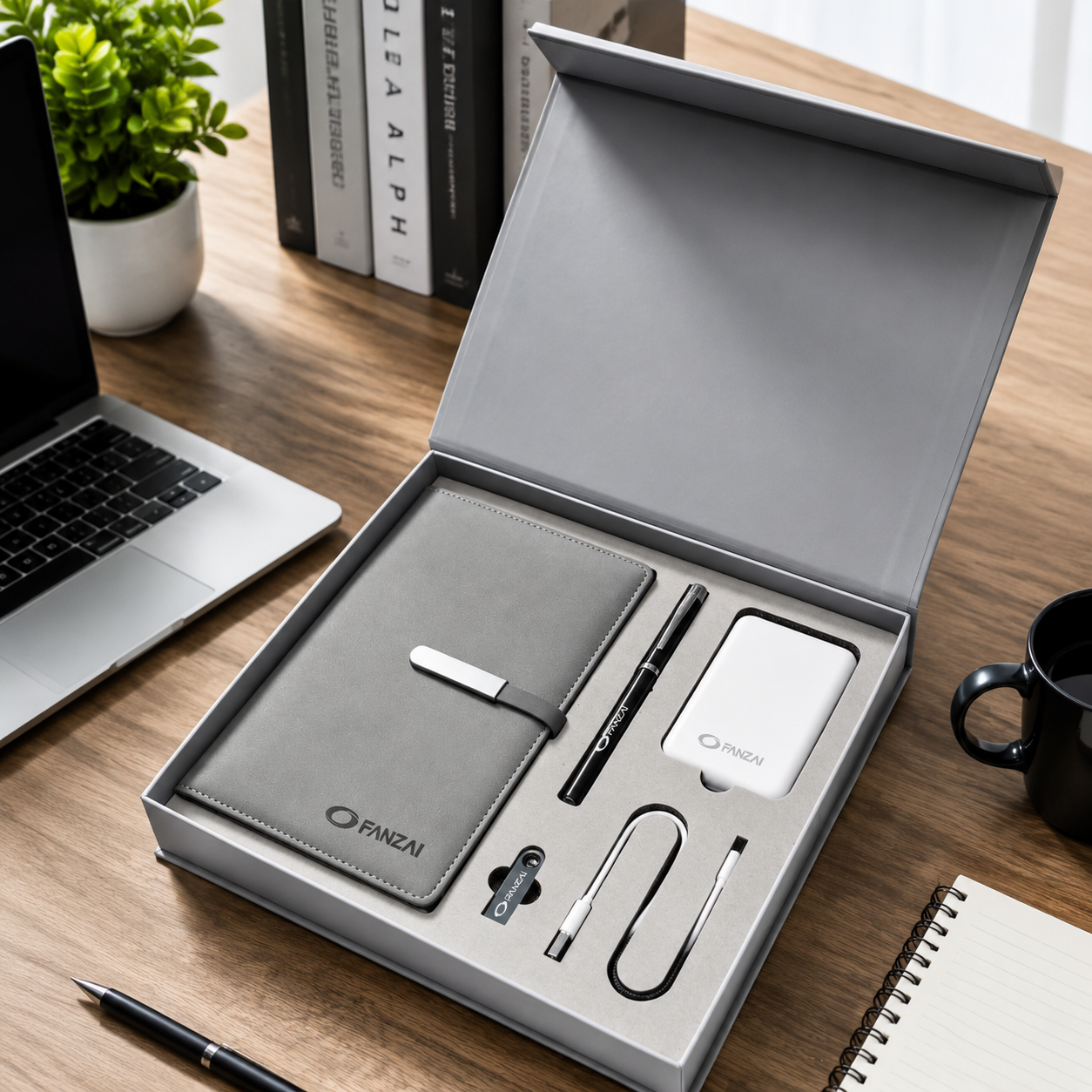 Custom gray pen and stationery gift box with notebook, pen, and fitted accessories on an office desk