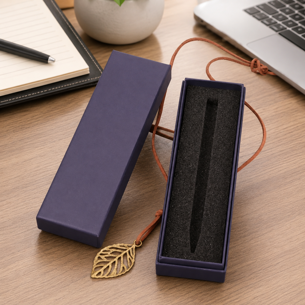 Purple lid-and-base pen gift box with black foam insert