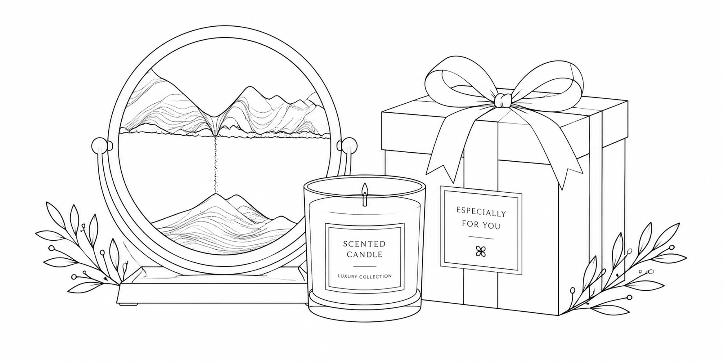 Select Gift Boxes our values banner featuring premium gift accessories line art illustration