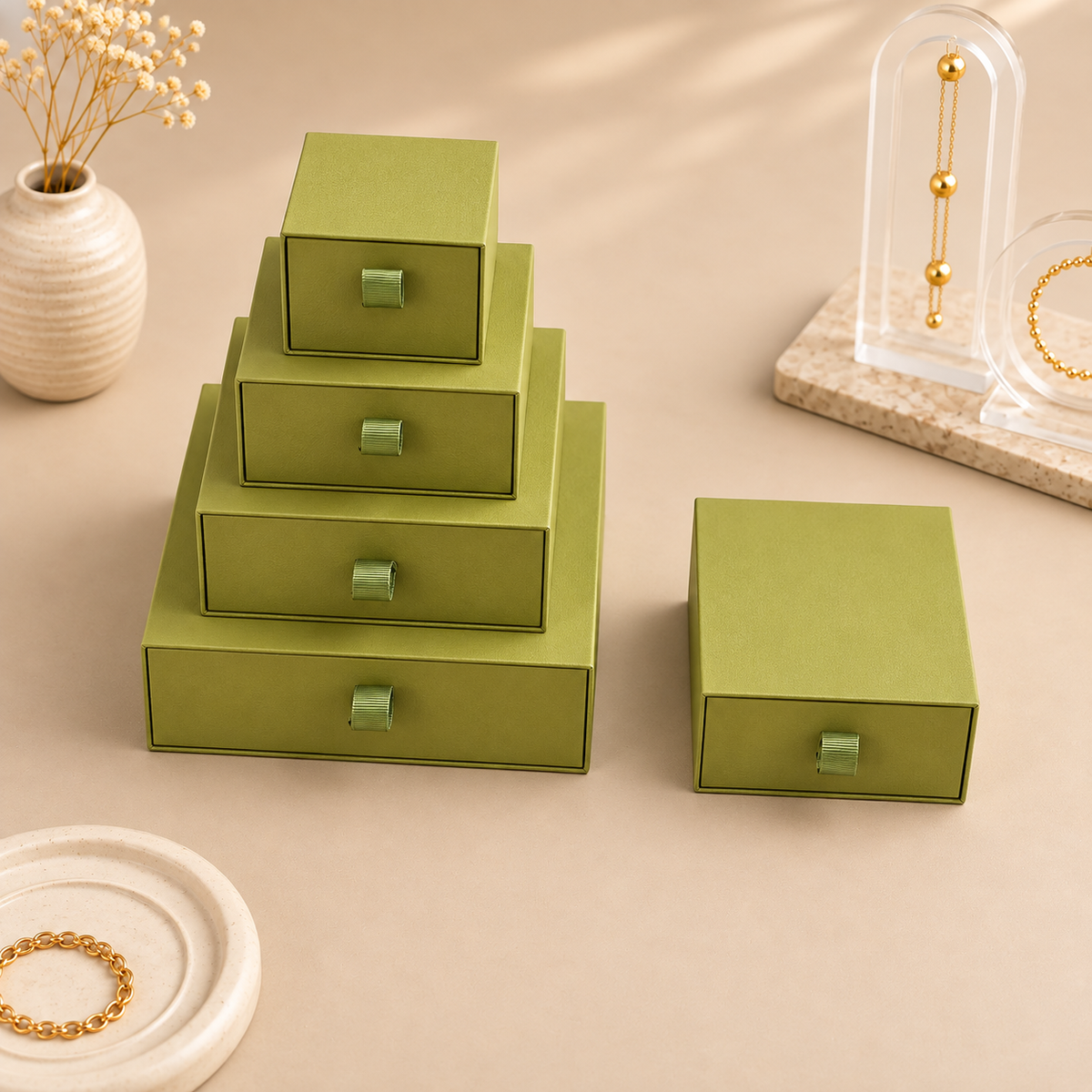 Grass Green paper drawer jewelry boxes shown in the five size options