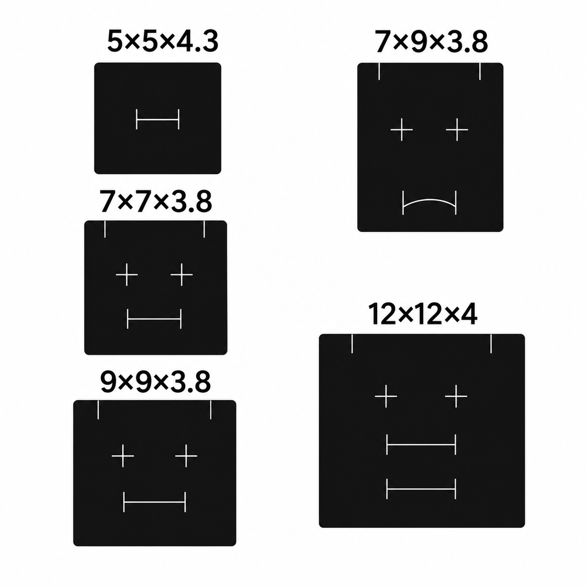 Black insert slot diagrams for the five drawer jewelry box sizes