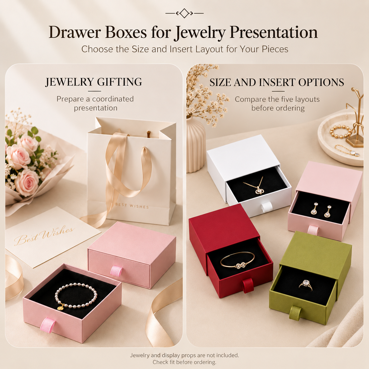 Drawer boxes used for jewelry presentation; displayed jewelry and props are not included