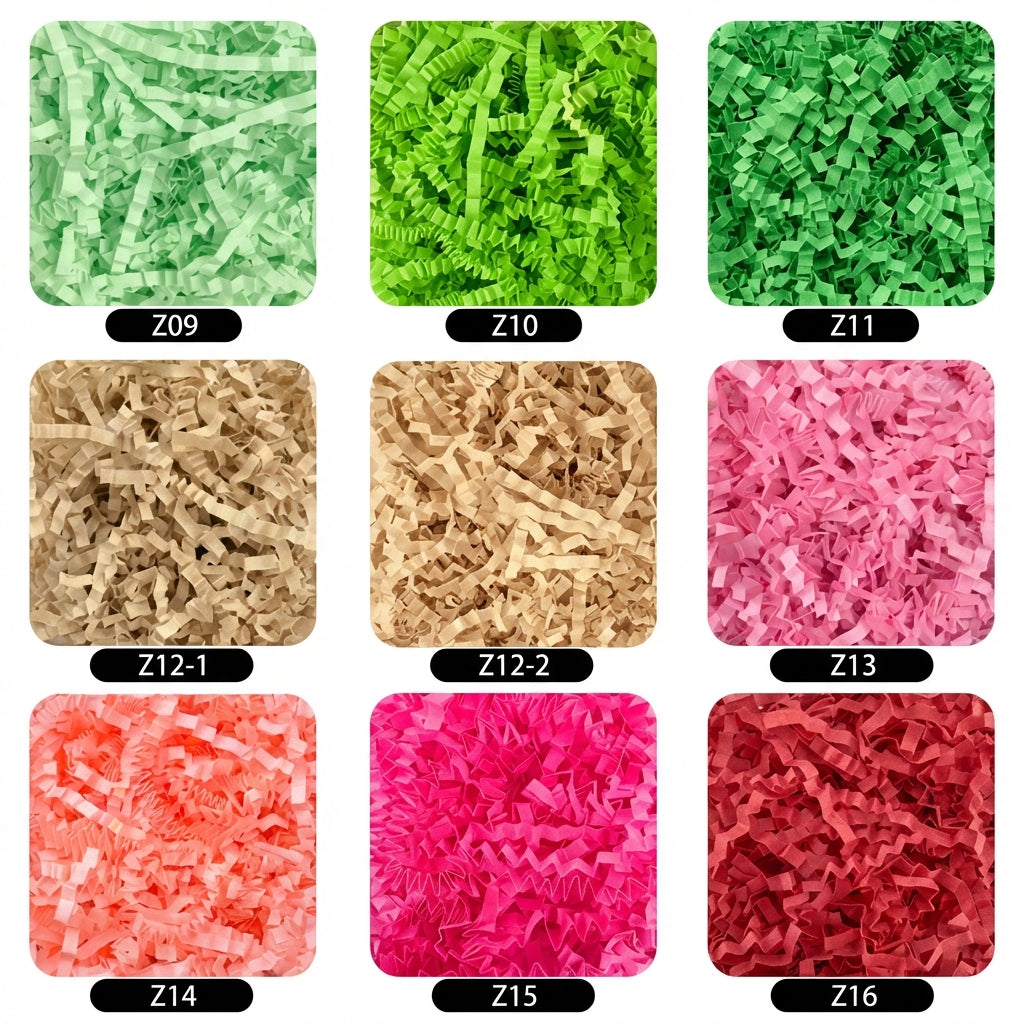 Crinkle paper color chart with green, tan, pink, coral, and red codes