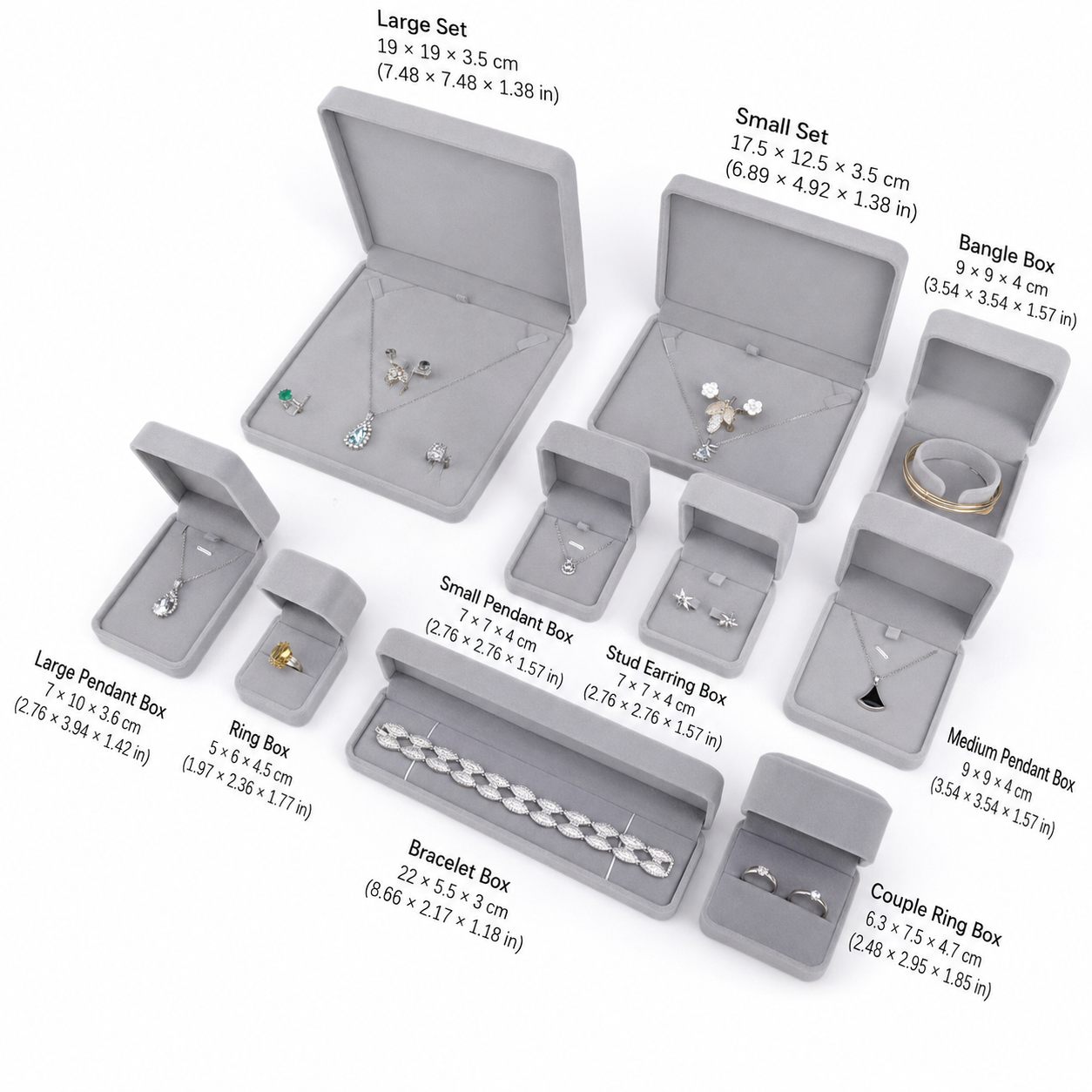 Velvet jewelry box set with size labels