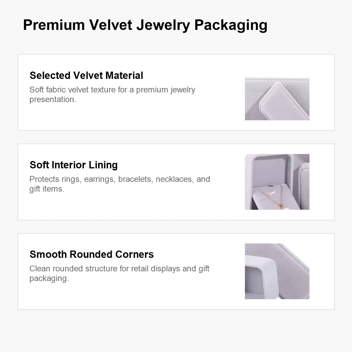 Velvet jewelry box material and lining detail chart