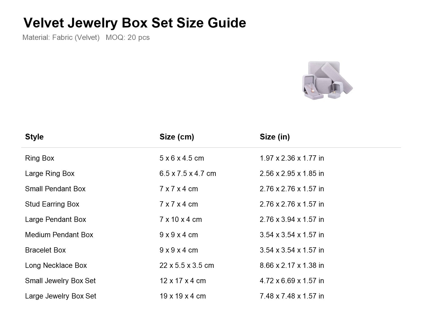 Velvet jewelry box size guide