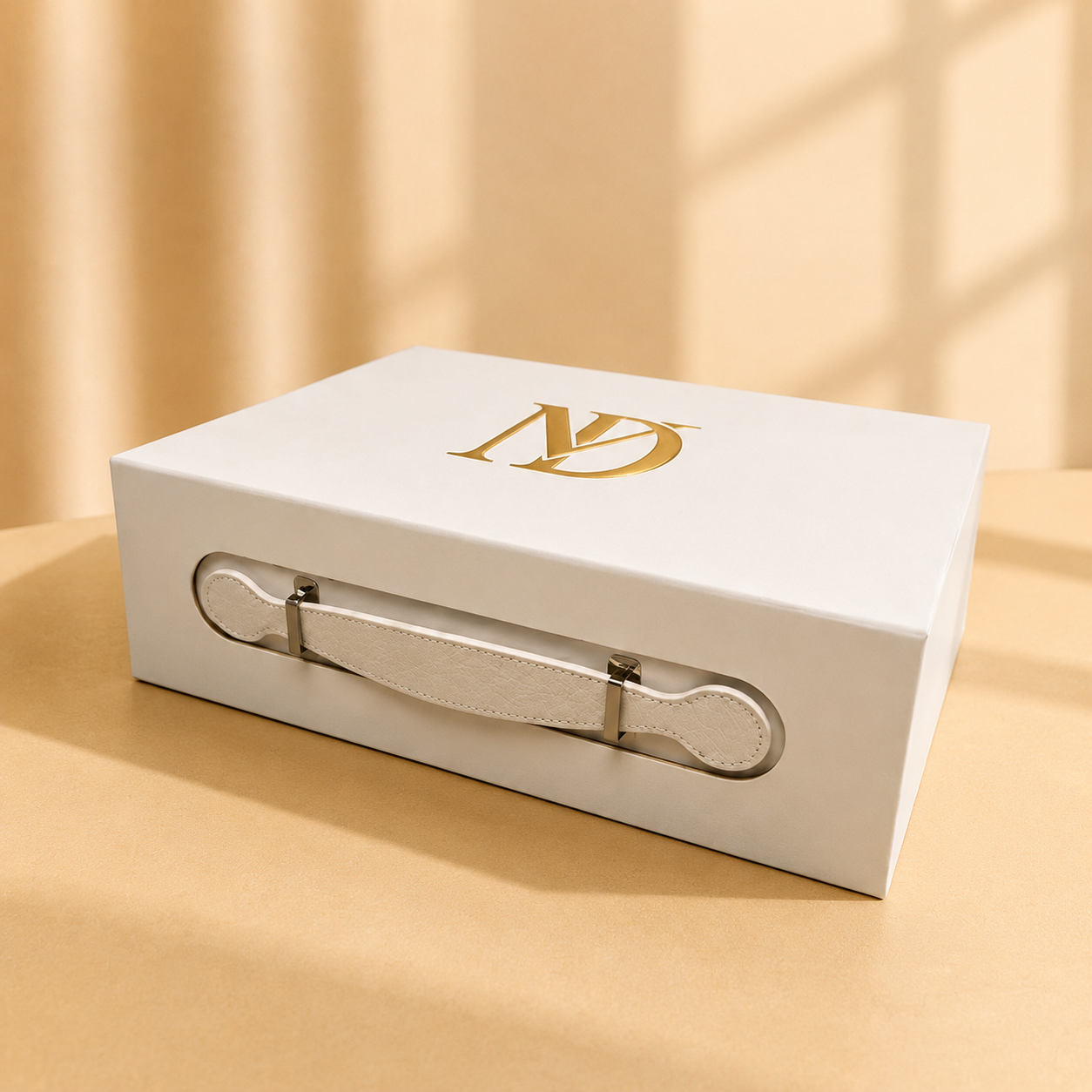 White handled folding gift box with gold monogram