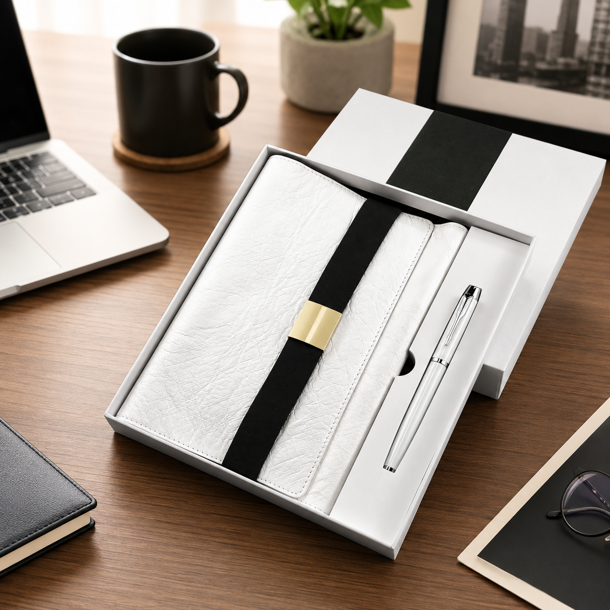 White luxury pen and stationery gift box with leather notebook and pen in a fitted insert