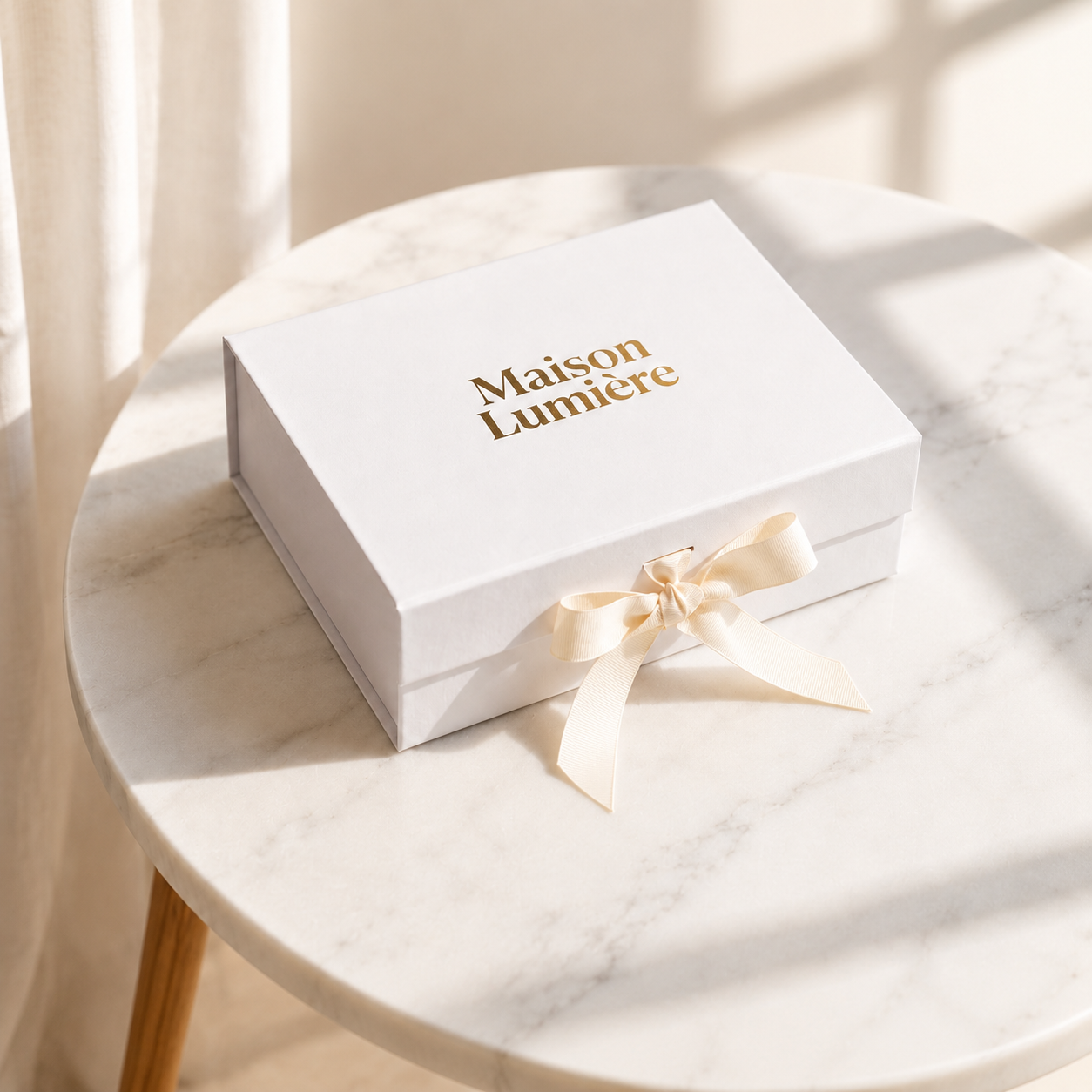 White luxury magnetic gift box with gold foil logo and ivory ribbon