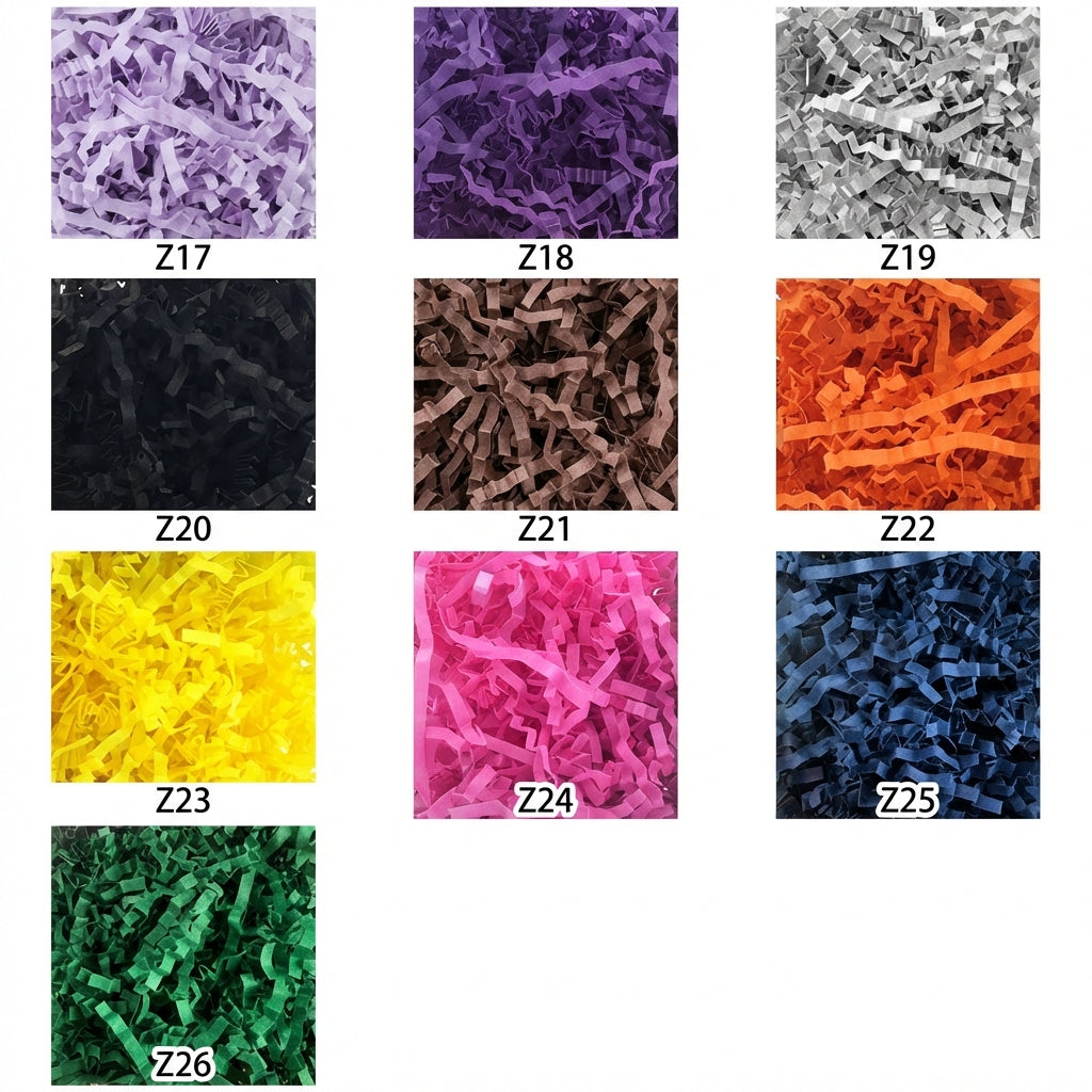 Crinkle paper color chart with purple, gray, black, yellow, pink, navy, and green codes