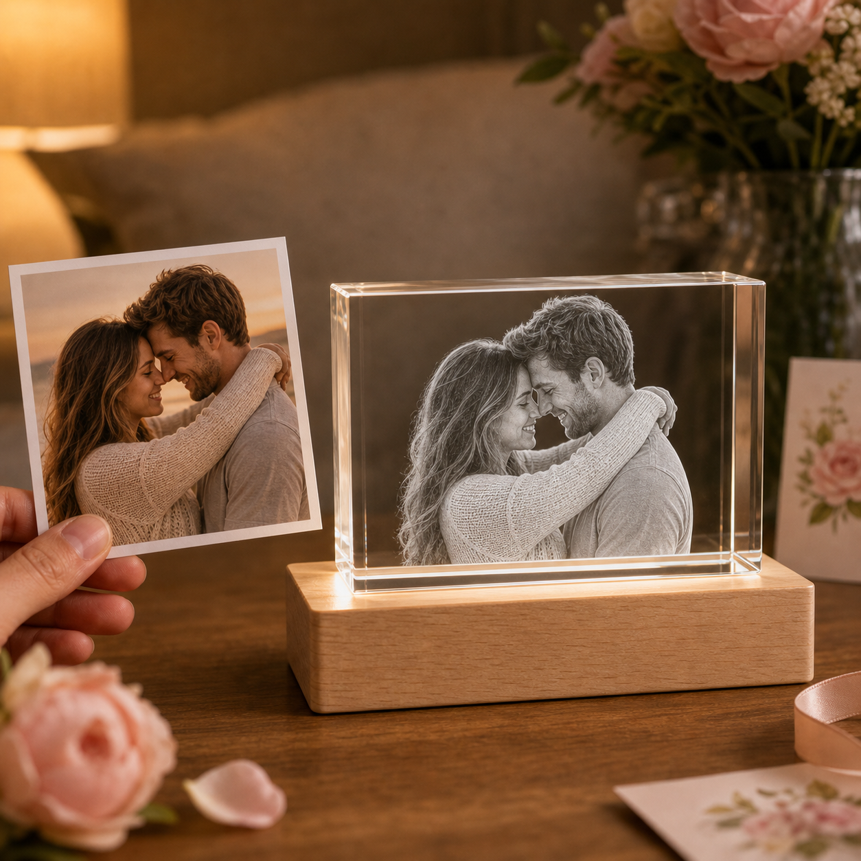 Personalized 3D crystal anniversary rectangle with couple portrait transformed into 4K laser inner engraving