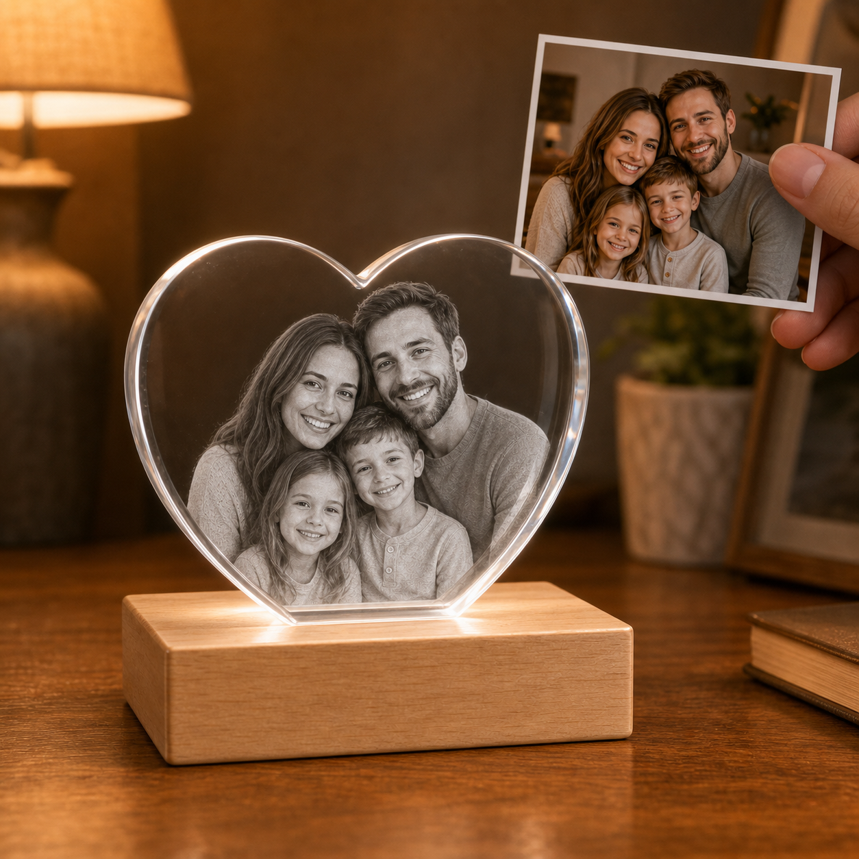 Personalized 3D crystal family photo gift heart classic edge with family portrait transformed into 4K laser inner engraving