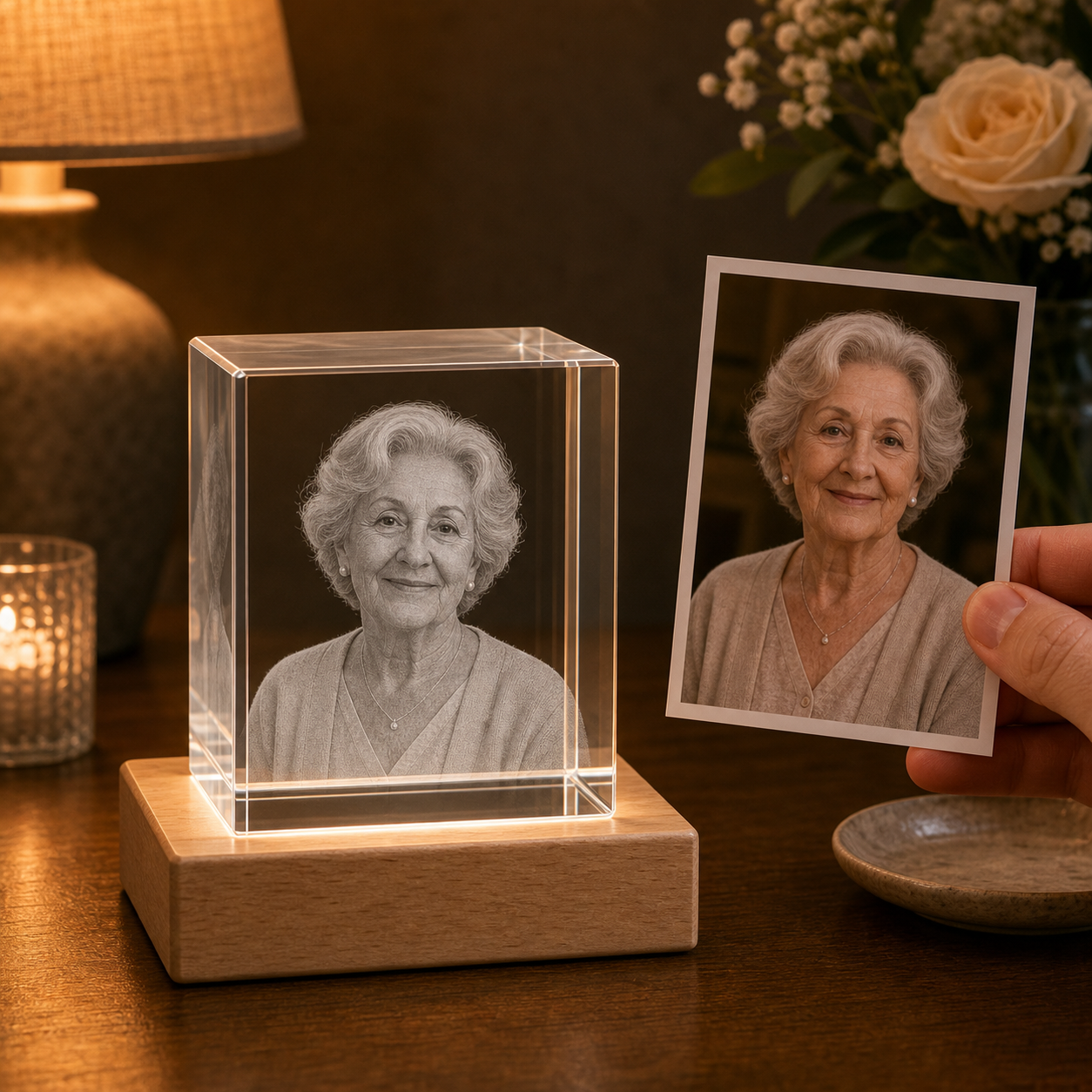 Personalized 3D crystal In Loving Memory cube with memorial portrait transformed into 4K laser inner engraving