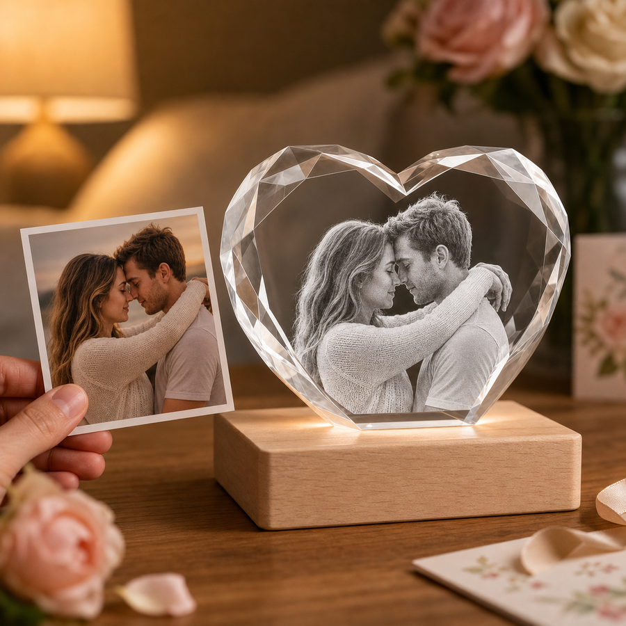 Personalized Wedding 3D Crystal Gift - Heart Faceted Edge
