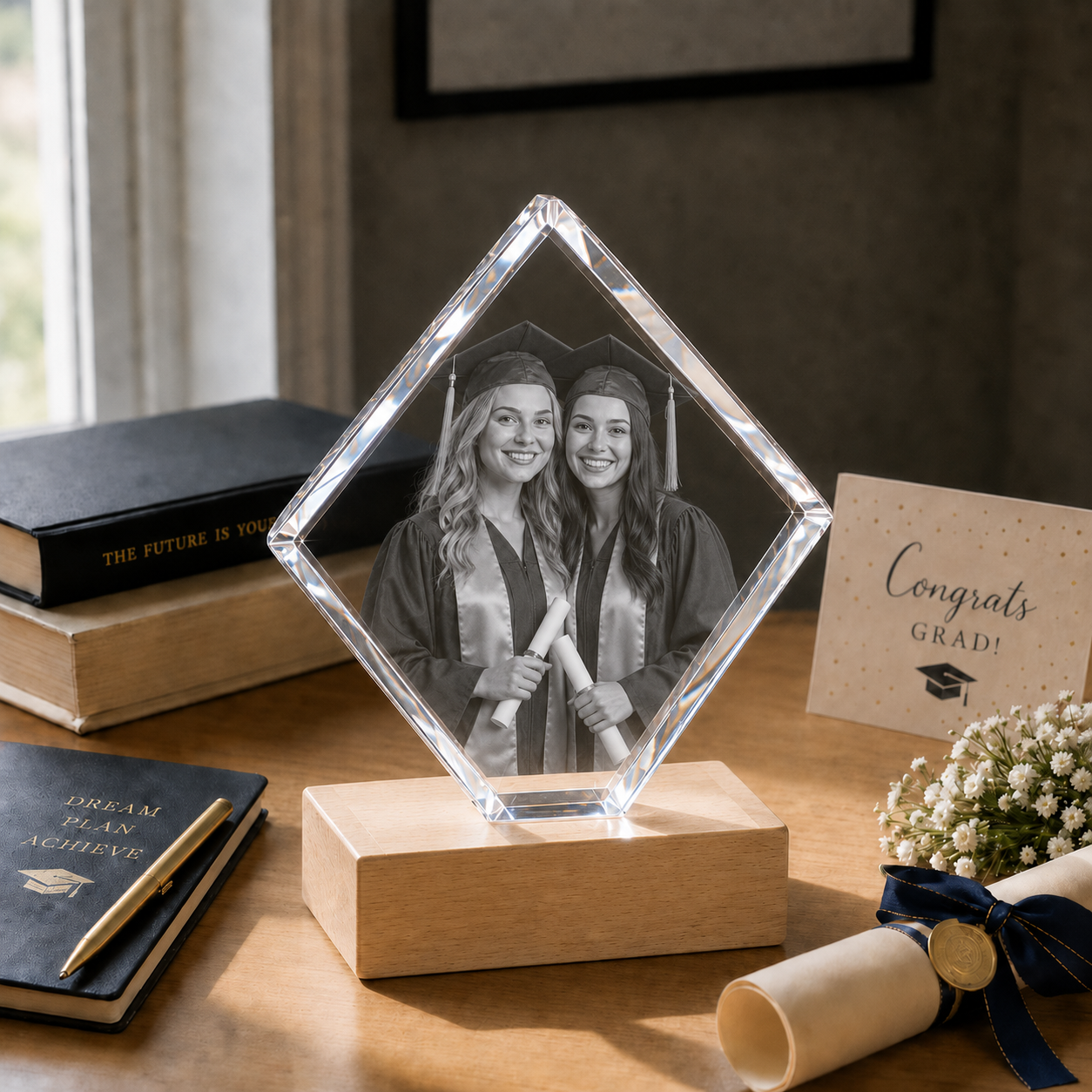 Personalized 3D Crystal Graduation Gift - Diamond with graduate portrait laser engraved inside crystal