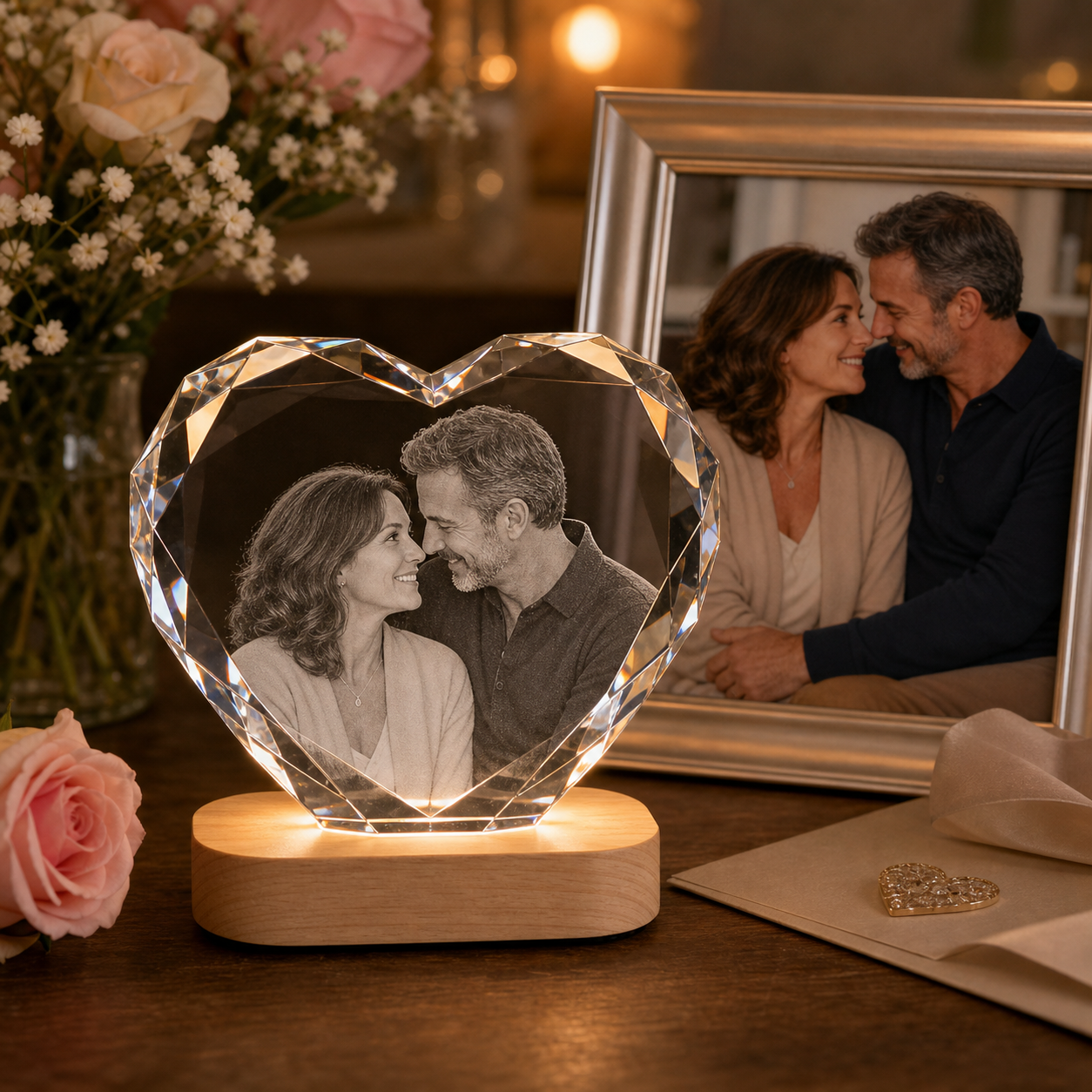 Personalized 3D crystal anniversary heart faceted edge gift displayed with matching framed couple photo
