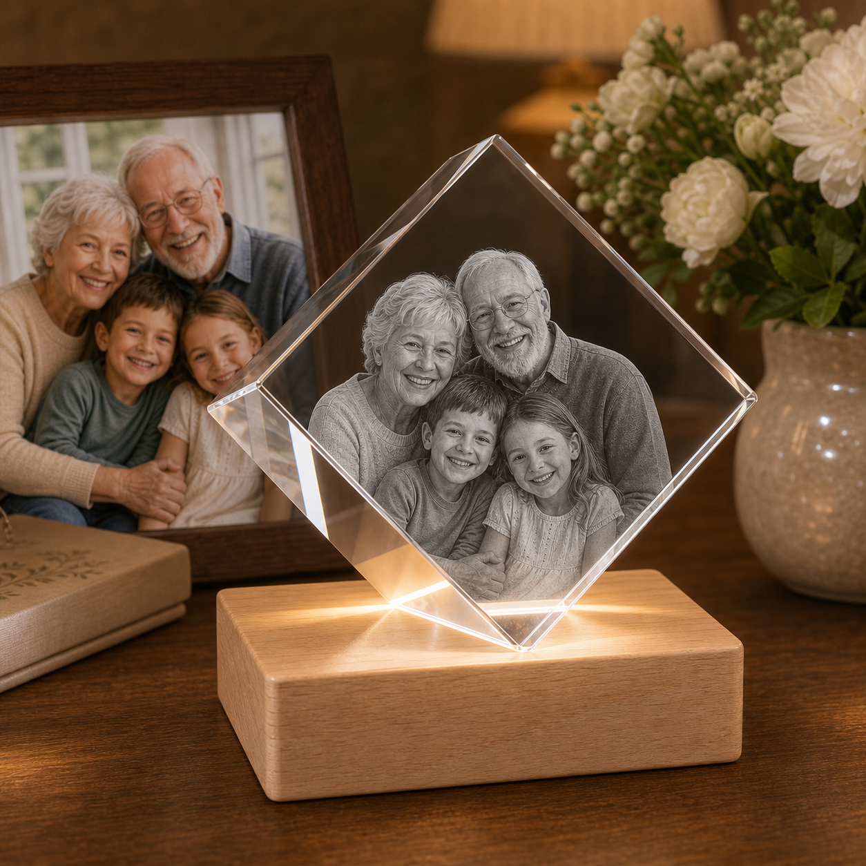 Personalized 3D crystal family photo gift diamond displayed on light wood LED base with matching framed family photo